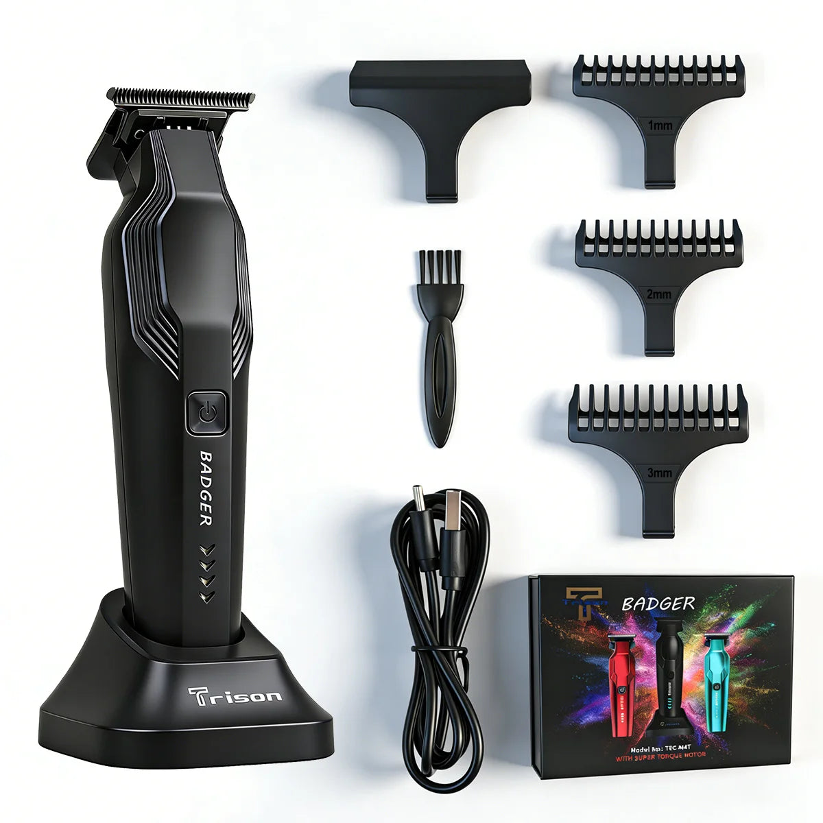 A black professional hair trimmer with various precision blades and charging cables displayed on a white background.