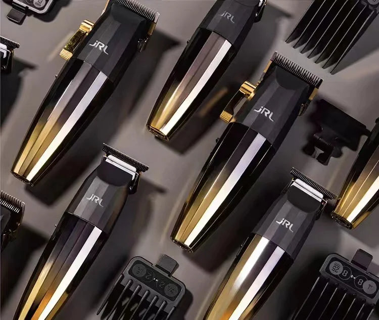 A collection of black and gold professional rechargeable hair clippers shown in various angles.