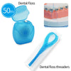 A blue reusable dental floss with threaders shown next to a model of teeth.