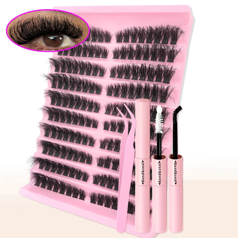 Une boîte rose de rangement contenant diverses extensions de cils naturels individuels et outils.