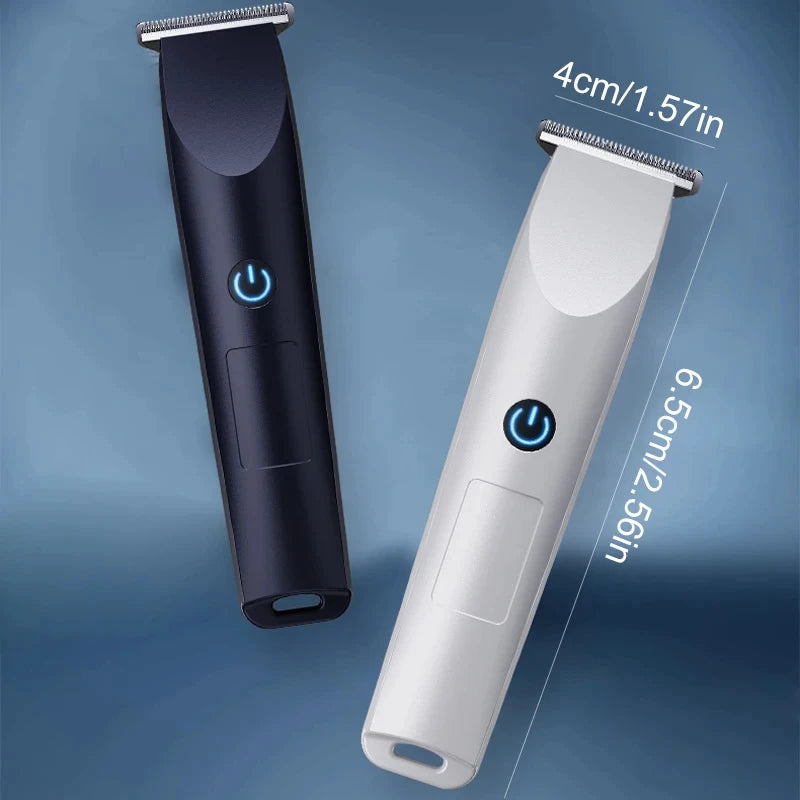 A white electric hair and beard trimmer is shown next to a black version, highlighting their dimensions.