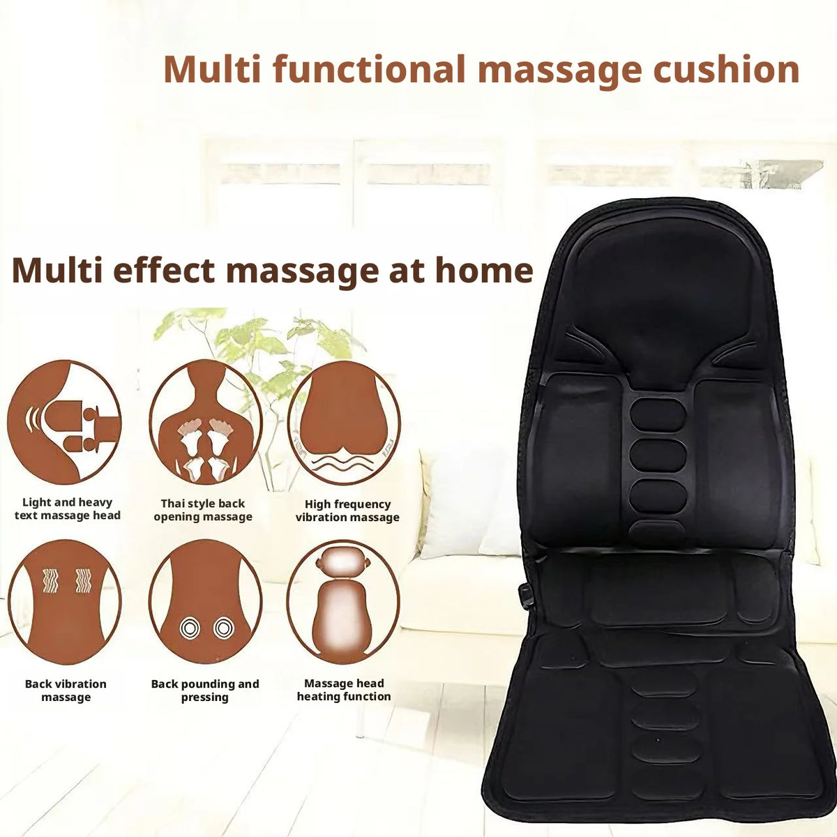 Black multi functional massage cushion showing various massage features like vibration and heating