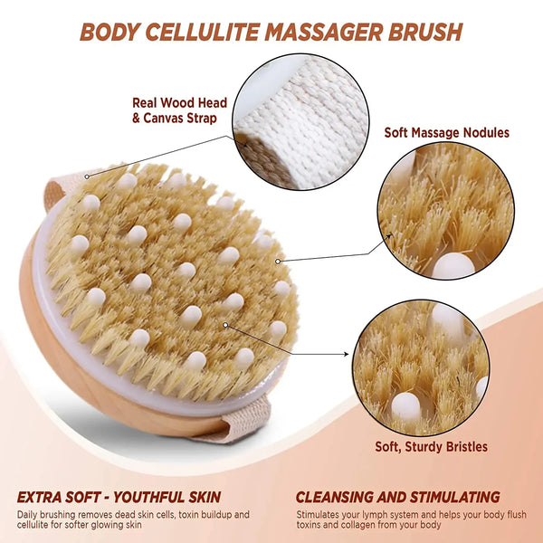 A wooden body cellulite massager brush with soft bristles and canvas strap for cleansing and stimulating the body.