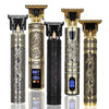 A set of professional electric hair clippers and beard trimmers in gold and black finishes.