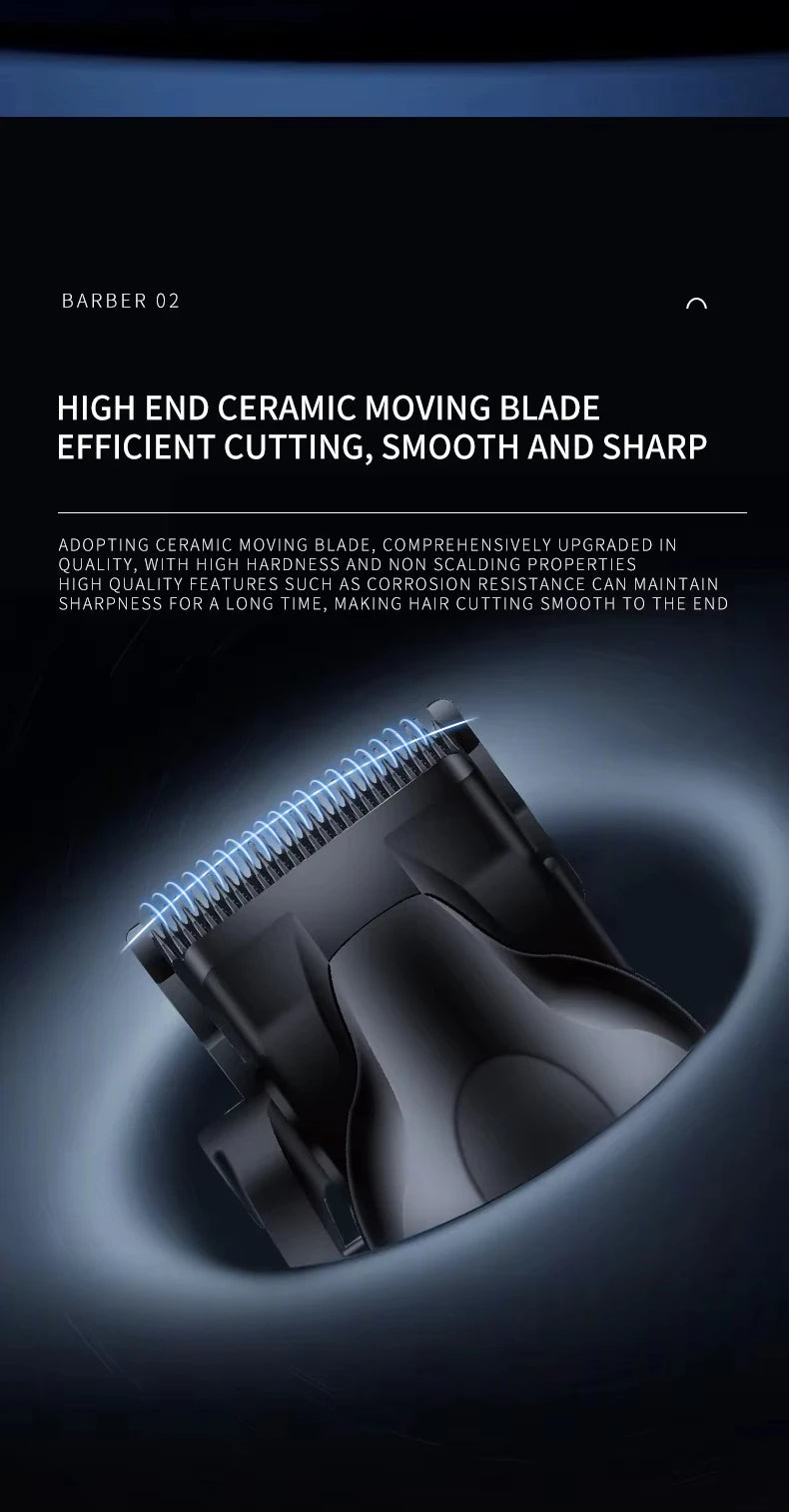 A close-up view of a black ceramic moving blade hair clipper, highlighting its design and precision cutting capabilities.