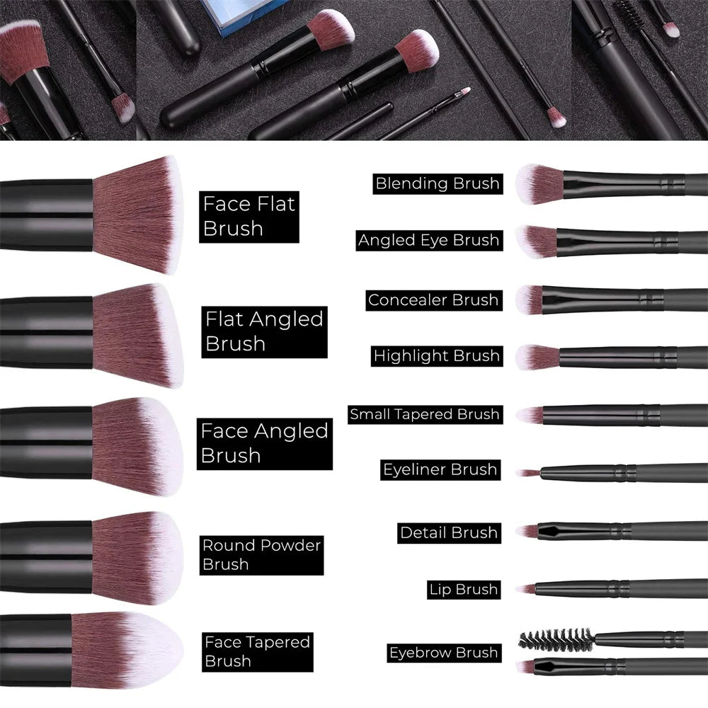 A collection of professional makeup brushes in various shapes and sizes including blending, concealer, highlight, detail, and