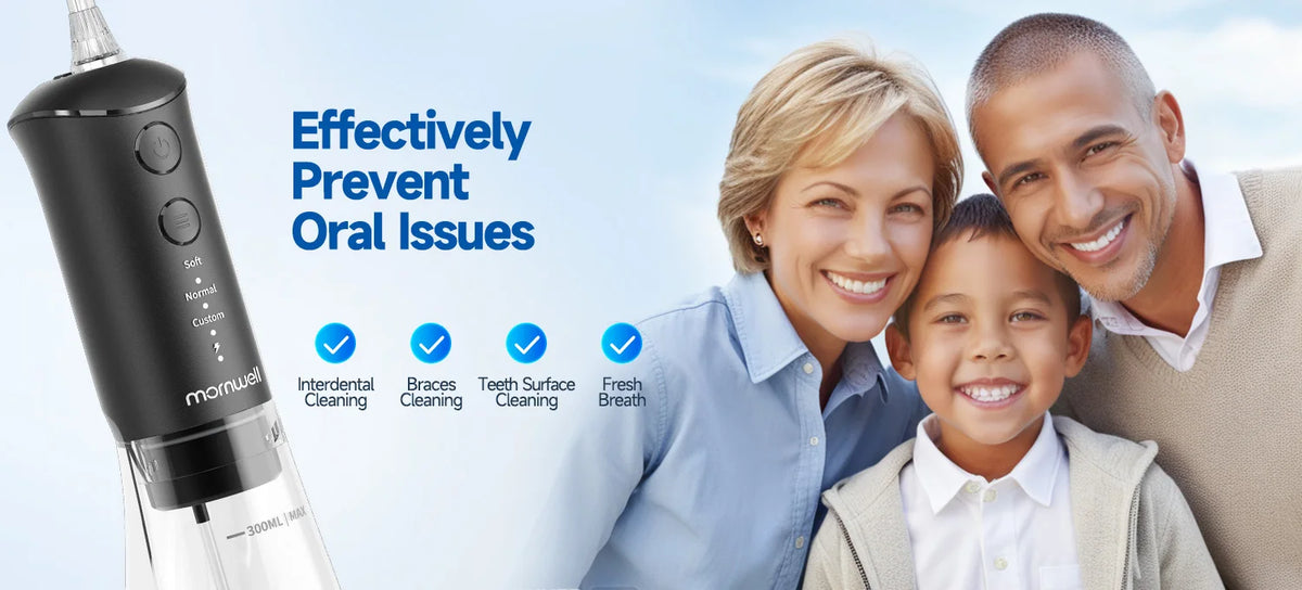 A family smiling while using a momwell electric water flosser oral irrigator for dental cleaning.