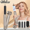 A woman holds a silver hair dryer and styling brush, with several hair tools displayed around them.