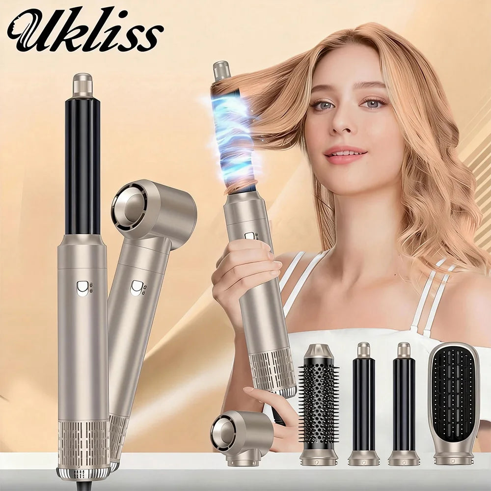 A woman holds a silver hair dryer and styling brush, with several hair tools displayed around them.