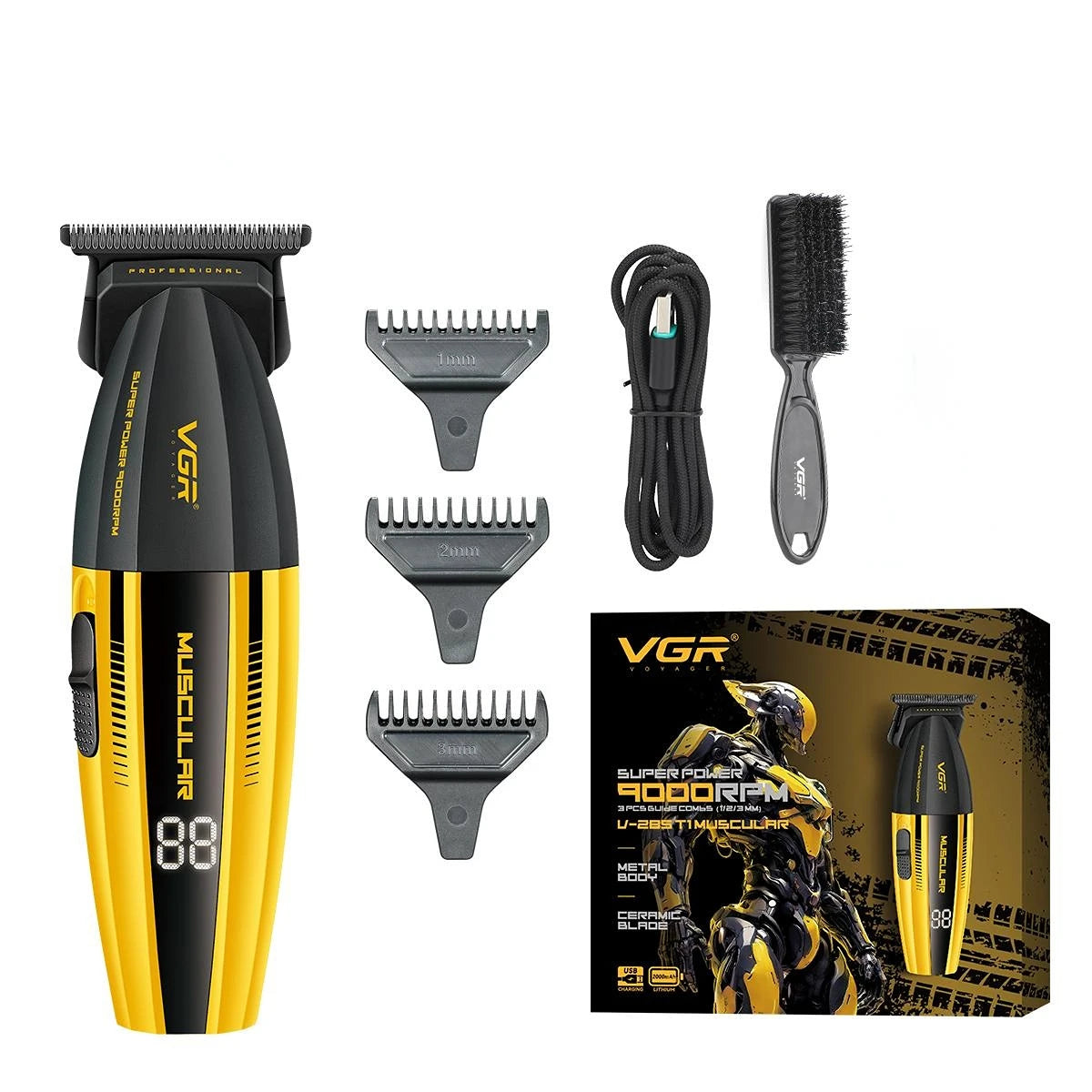 A yellow and black VGR professional electric hair clipper with various attachments shown.