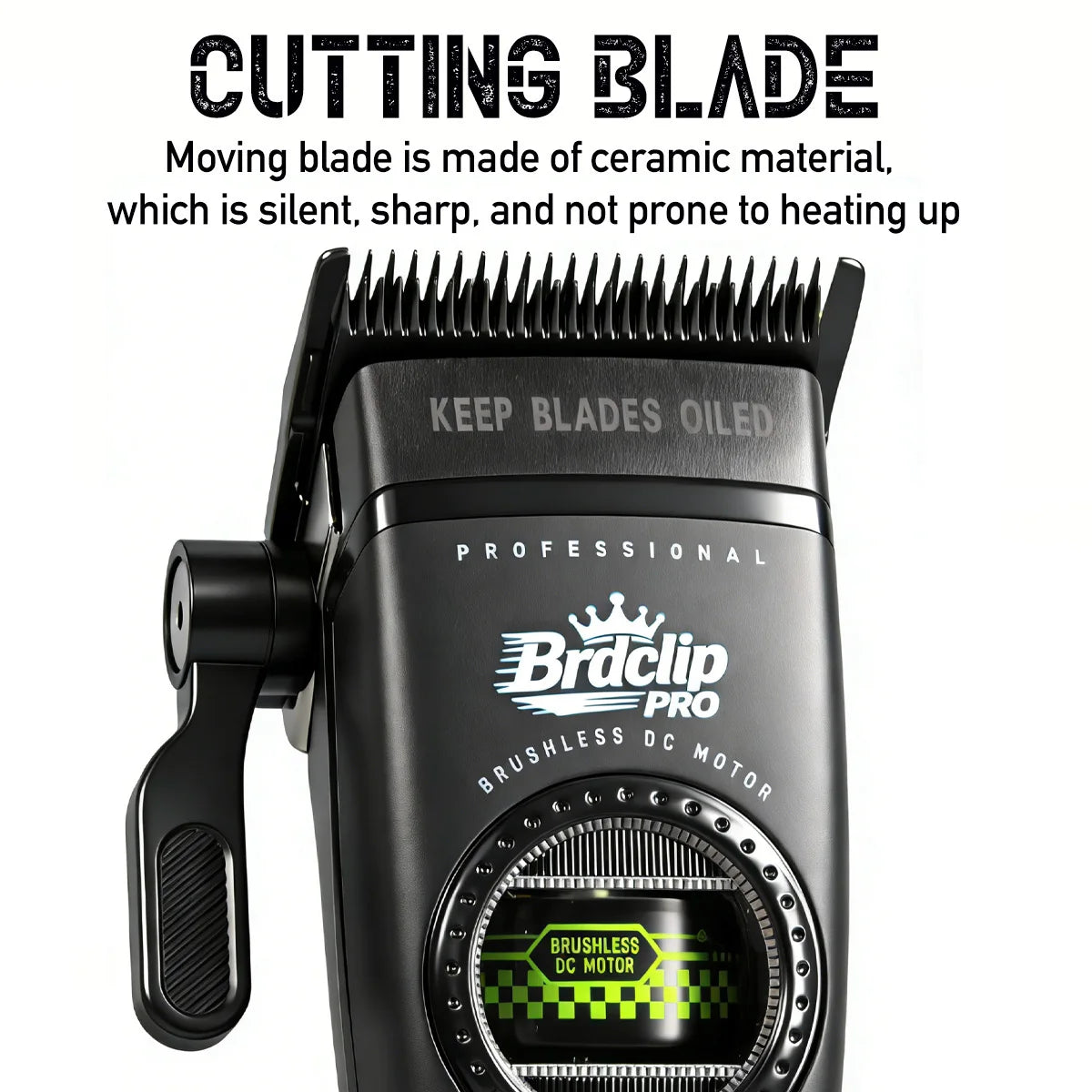 A black professional cordless rotary hair clipper with a moving ceramic cutting blade and a visible DC motor.