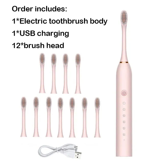 A pink electric toothbrush set including the body, USB charging cable, and twelve brush heads.