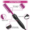 A purple electric hot comb styling iron with a support stand, negative ion coating, and indicator light.