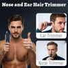 A man holds a portable electric nose and ear hair trimmer, demonstrating its use for trimming facial hair.