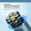 A close-up view of a magnetic shaver head design for hair storage, showing multiple rotating discs on a blue device.