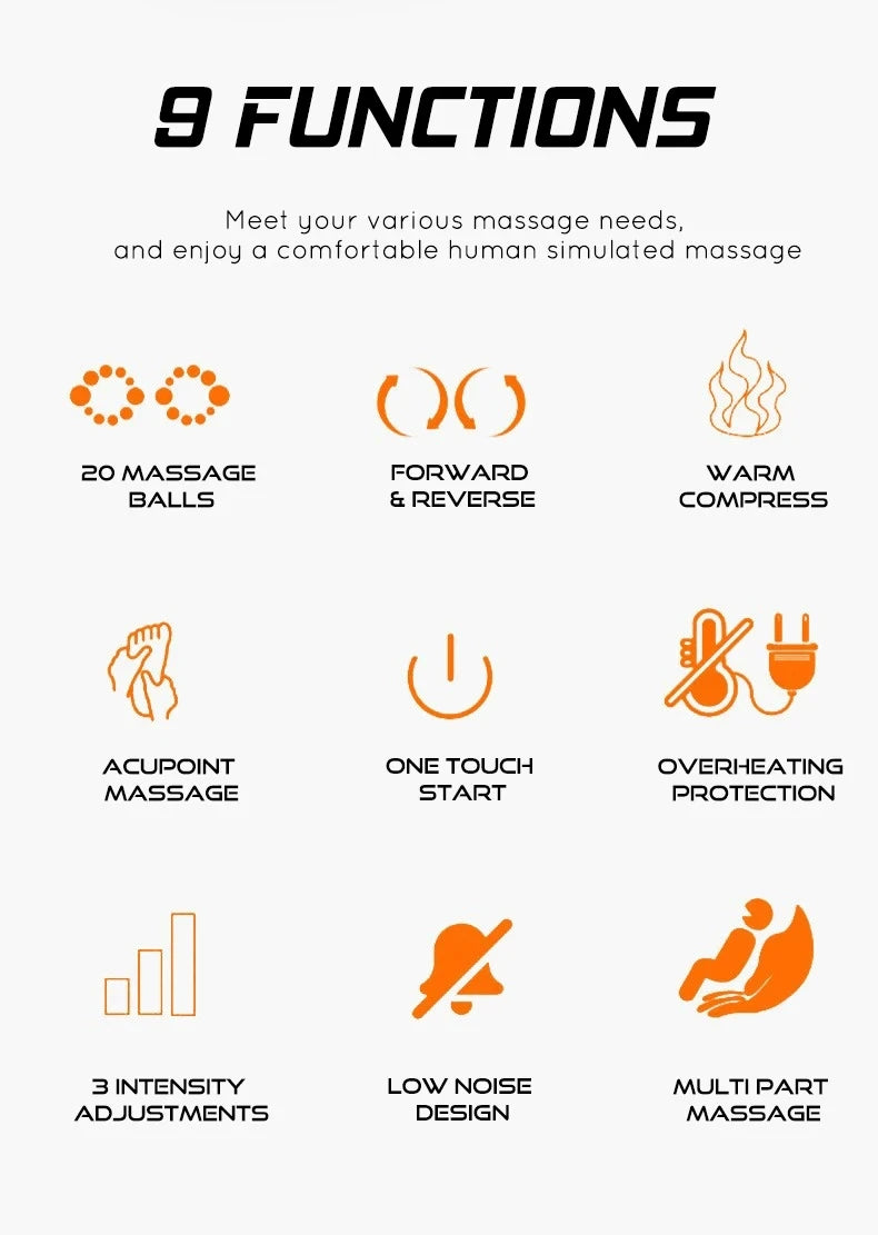 Diagram showing 9 functions of a massage device including massage balls, forward and reverse movement, acupoint massage, one 