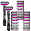 A set of six layered stainless steel safety razors with black and purple handles and silver blades.