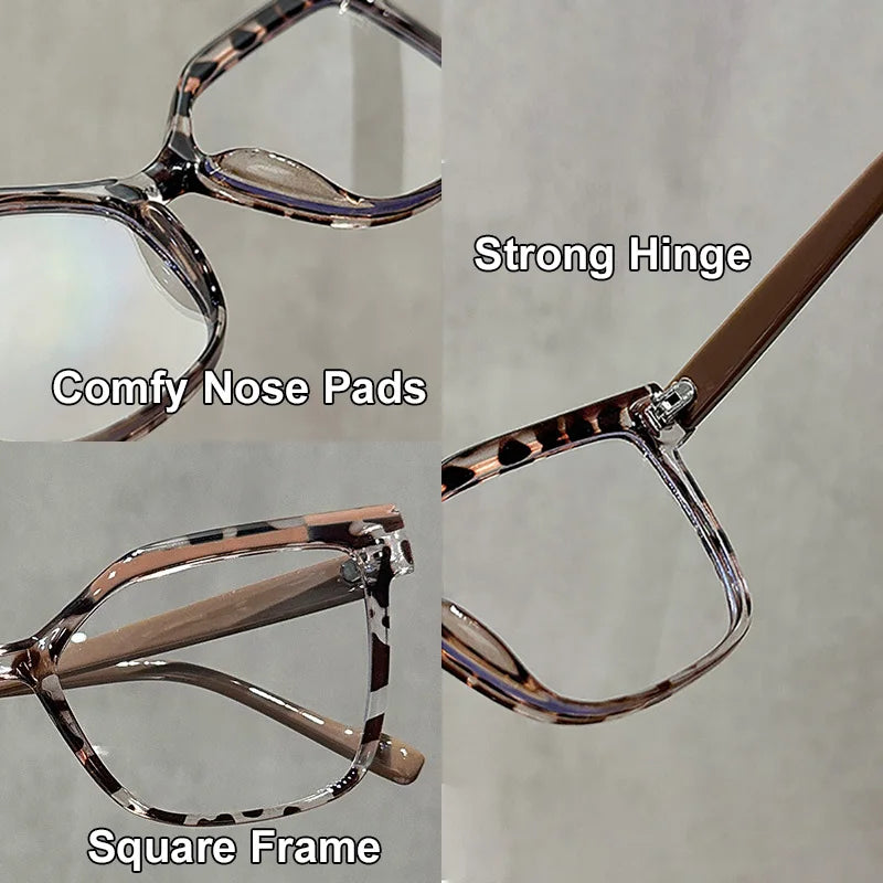 Primeros planos de las gafas de lectura tortuga cuadrada, mostrando bisagras fuertes, almohadillas cómodas y detalles de la m