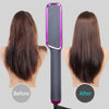 Before and after comparison of a professional electric hair straightener comb smoothing dark hair.