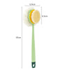 A long-handle green loofah back scrubber with a yellow mesh sponge and white fluff.