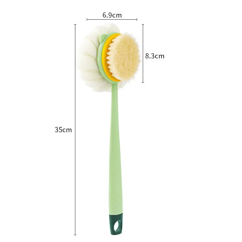 A long-handle green loofah back scrubber with a yellow mesh sponge and white fluff.