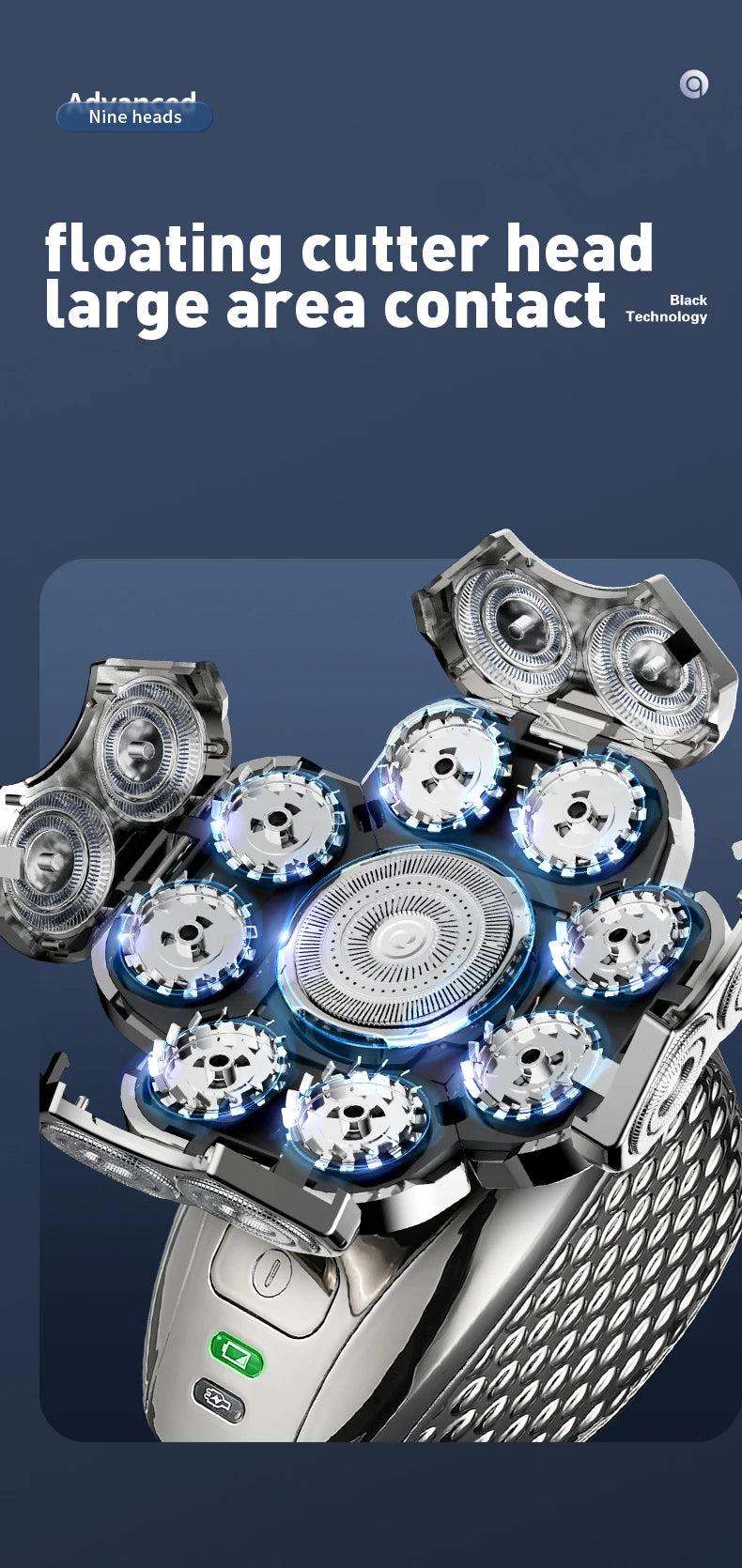 Close-up of a floating cutter head large area contact shaver with multiple rotating heads on a silver device.