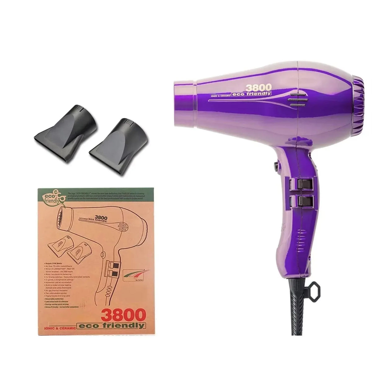A purple professional ceramic hair dryer with a black nozzle and cord.