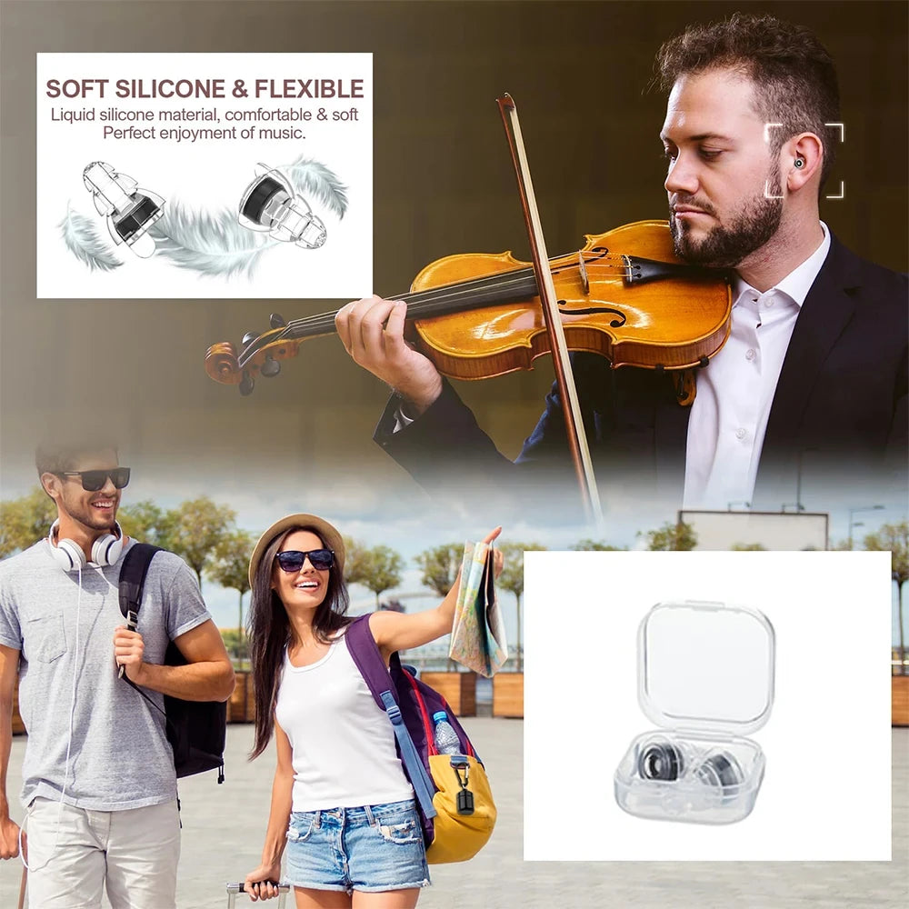 A man plays a violin while a woman holds a silicone earplug product and storage case.