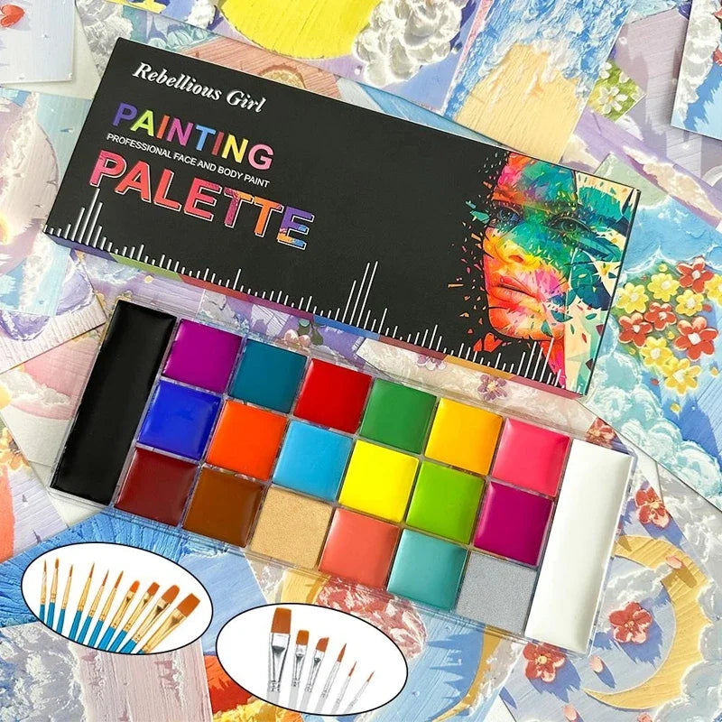 A palette of 20 non-toxic, professional painting colors for body paint and art is displayed on a colorful background.