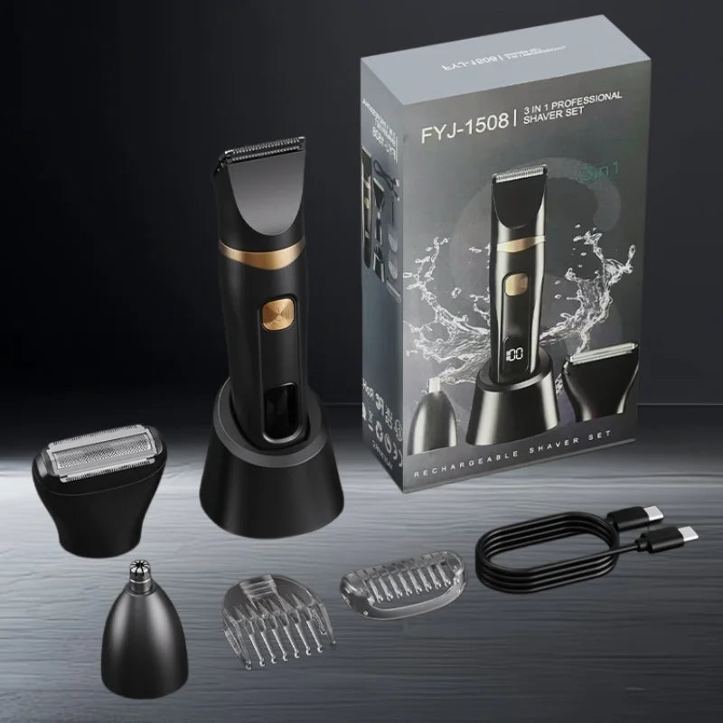 A set of three black electric shavers and accessories displayed next to its packaging box.