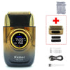 A Kemei KM-T228 electric shaver with a gold and black body, showing various attachments.