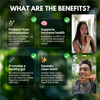 A collage showing benefits of a natural bamboo toothbrush set, including protection from microplastics, support for hormone h