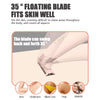 Close-up view of a floating blade fitting into skin on an arm, leg, and bikini line area.