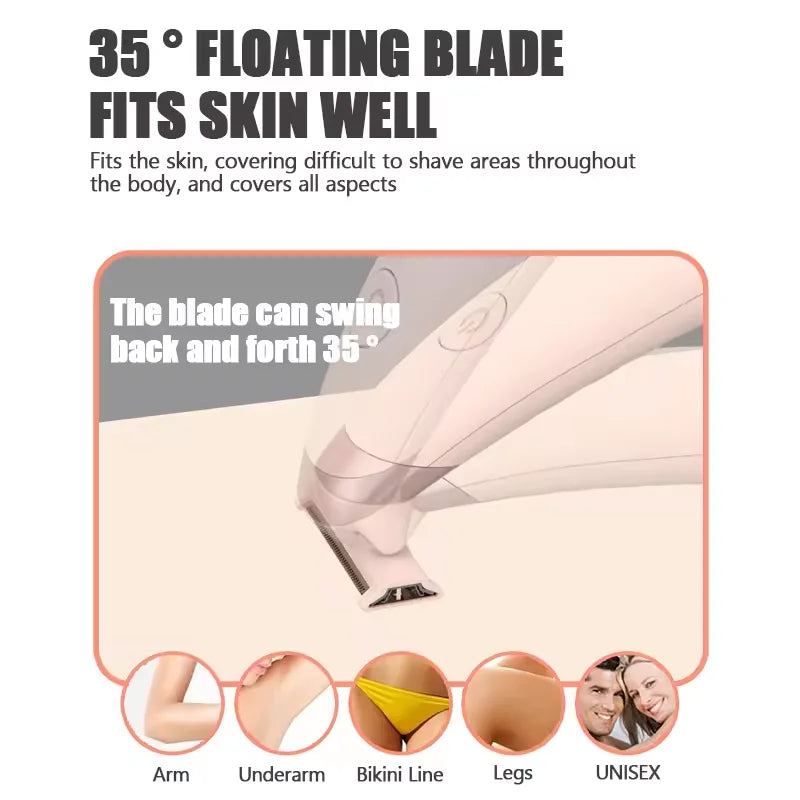 Close-up view of a floating blade fitting into skin on an arm, leg, and bikini line area.