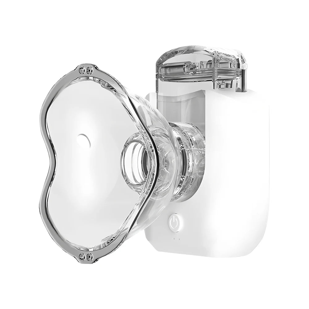 Weißer tragbarer Ultraschall-Inhalator mit klarem Mundstück und Schlauch.