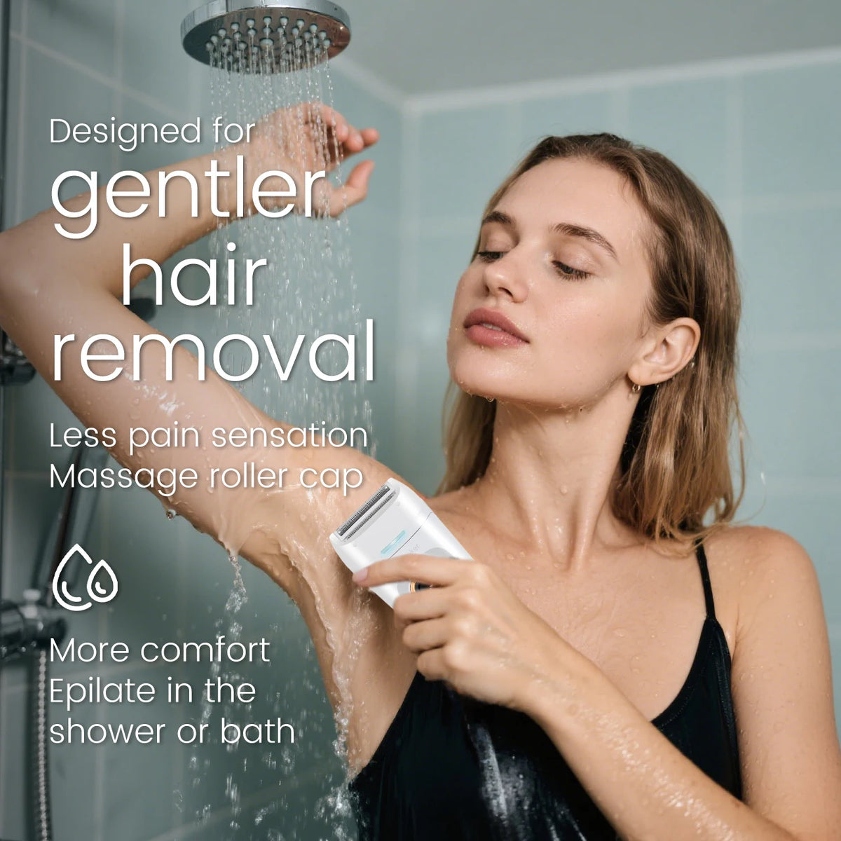 A woman is using a hair removal device to gently remove hair from her arm in the shower.