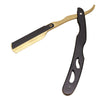 A professional stainless steel shaver and beard razor kit with a gold and black handle.