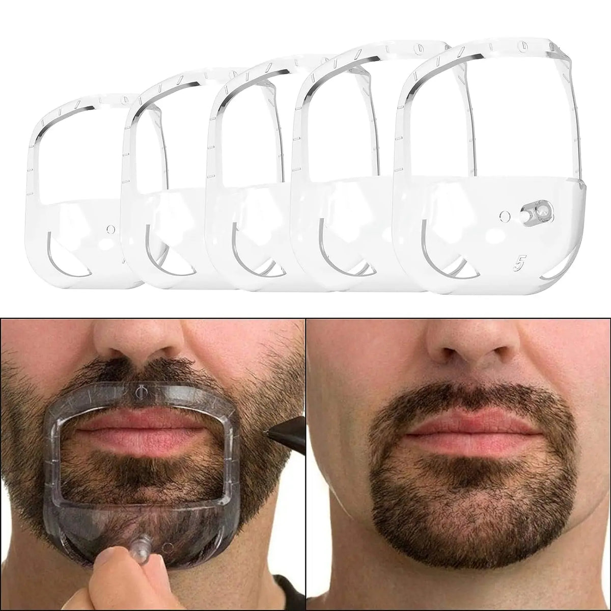 Un set de six modèles en silicone transparents pour façonner et entretenir la barbe.