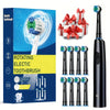 A black electric toothbrush and several replacement brush heads are shown in a box.