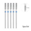 A set of five diamond nail drill bits with blue and silver shafts shown next to a dimension guide.