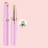 A pink automatic electric eyebrow trimmer with a gold tip shown next to its disassembled components.