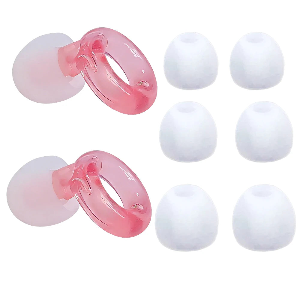 A set of pink silicone noise-cancelling earplugs for sleep and swimming, shown in various shapes.