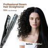 A woman's hair before and after using a professional steam hair straightener tool.