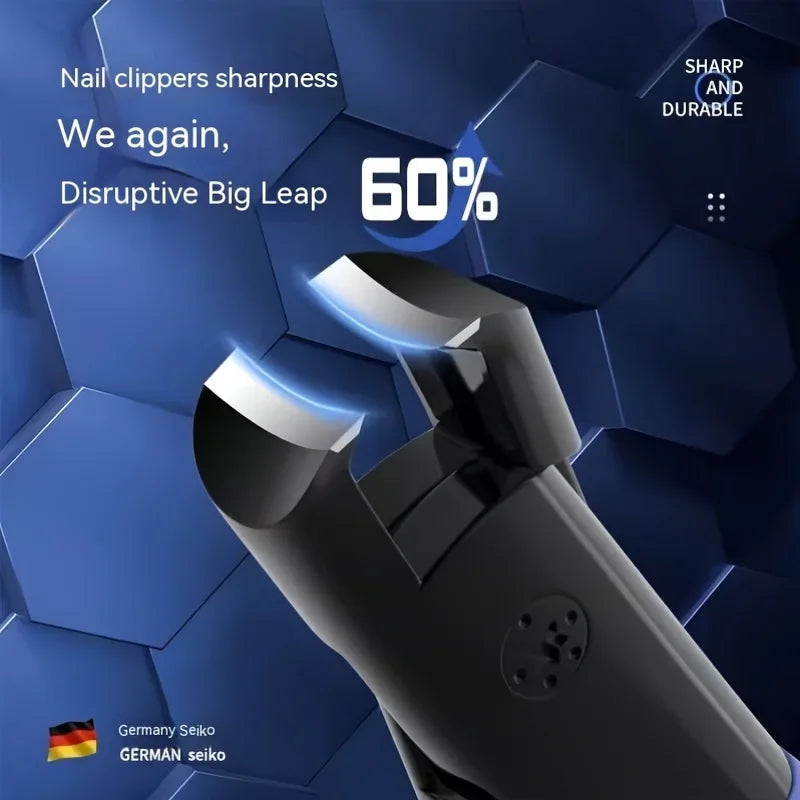 Close-up of a black nail clipper with a sharp opening, set against a blue geometric background.