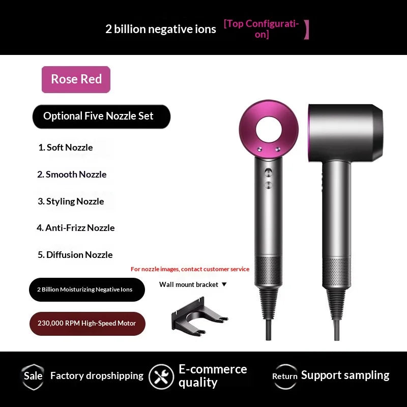 A set of five interchangeable nozzles for a bladeless hair dryer featuring soft, smooth, styling, anti-frizz, and diffusion o