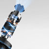 A professional high-speed hair dryer with a blue light beam emanating from the nozzle.