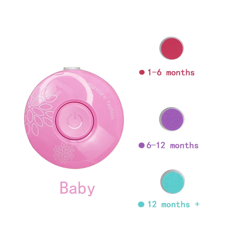 Pink electric baby nail trimmer with age-appropriate color indicators for different age groups.