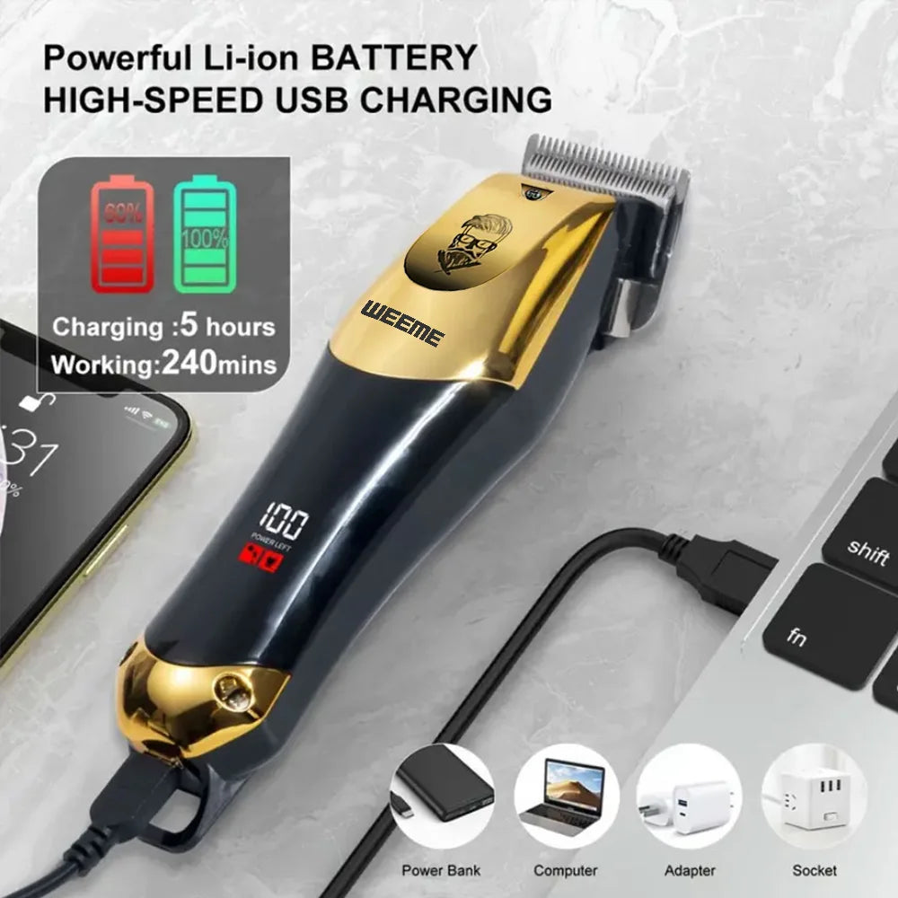 A black cordless electric hair trimmer with a gold accent is shown next to various charging accessories.