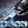 A portable electric nose and ear hair trimmer is shown in close-up with a blue light beam, next to accessories like a power b