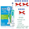 A white and green Oral-B Vitality electric toothbrush set with a charging base and twelve replacement brush heads.